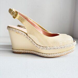Stuart Weitzman Nide Ivory Beige Patent leather Wedge Peep Toe Heels 6